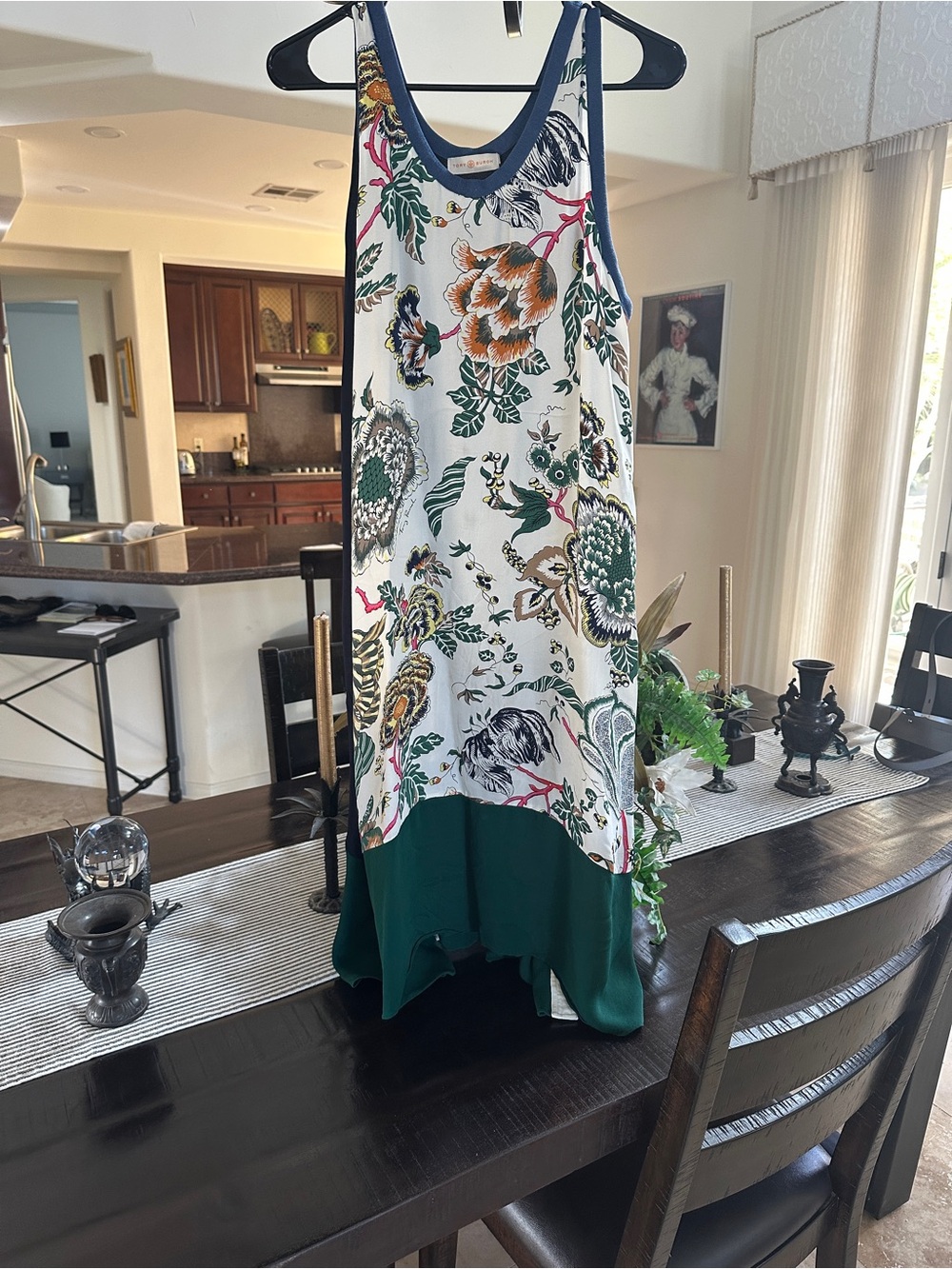 Tory Burch Floral Print Green Trim Sleeveless Dress